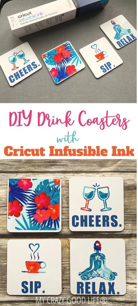 I'm sharing how to use Cricut infusible ink to make these gorgeous drink coasters! These make a great DIY gift for friends, family, and everyone on your list. Infusible Ink Gifts are perfect for giving! Diy Gift For Friends, My Crazy Good Life, How To Use Cricut, Diy Drinks, Ceramic Tile Coaster, Diy Gifts For Friends, Cricut Projects Beginner, Infusible Ink, Cricut Craft Room