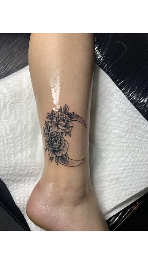 Sun Moon Rose Tattoo, Rose And Moon Tattoo, Moon And Rose Tattoo, Crescent Moon And Rose Tattoo, Moon Roses Tattoo, Moon Star Rose Tattoo, Front Ankle Tattoos, Rose Tattoo On Ankle, Lower Leg Tattoos