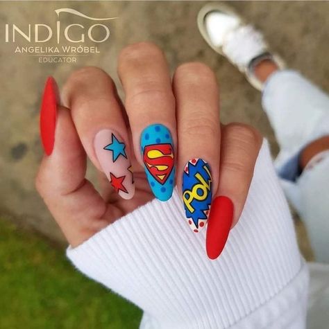 Superman Nails, Superhero Nails, Marvel Nails, Easter Nail Art Designs, Summer Nails Art, Girls Nail Designs, Beach Nail Art, Pop Art Nails, Nail Drawing