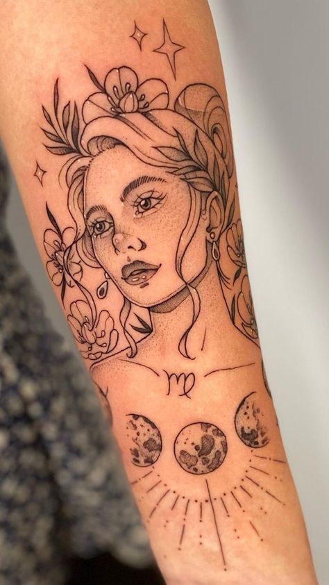 Feminine Virgo sign tattoo with floral maiden portrait for astrology enthusiasts. Virgo Tattoo Ideas For Women, Virgo Women Tattoo, Virgo Tattoo Ideas, Virgo Tattoo Designs, Virgo Tattoo, Virgo Women, Zodiac Tattoos, Delicate Tattoo, Constellation Tattoos