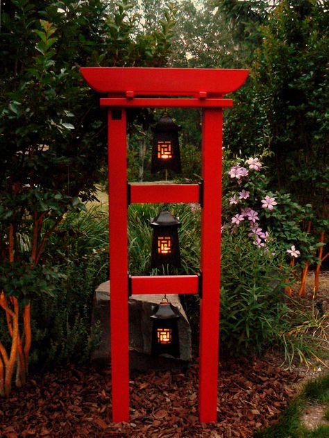 Botanical Towers can be painted or stained to match any decor. Eastern Red Cedar complimented by cast iron brackets made from 100% recycled content. 72" X 22" installed, creating three 15" X 15" display windows. Three lanterns to create a warm welcome along a garden path, or perhaps a bird sanctuary, with birdhouse, feeder, and bath" www.botanicaltower.com Botanical Tower, Small Japanese Garden, Japanese Garden Landscape, Zen Garden Design, Bird Sanctuary, Meditation Garden, Front Yard Design, Japanese Garden Design, Iron Brackets