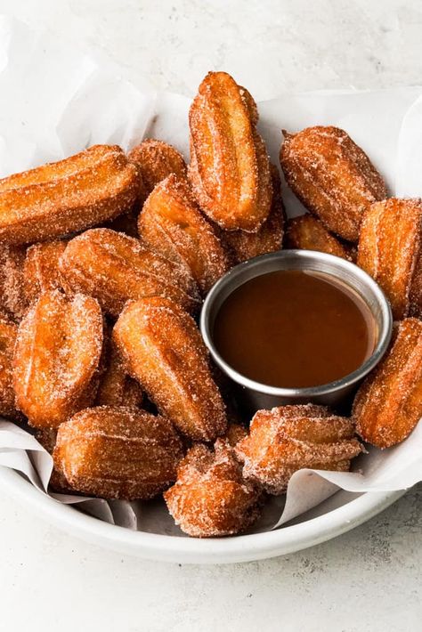 Churro Bites with Miso Caramel Churreria Ideas, Whisper Of Yum, Spicy Chili Crisp, Egg Boil, Miso Caramel, Caramel Dipping Sauce, Parmesan Potato Stacks, Churro Bites, Parmesan Potato