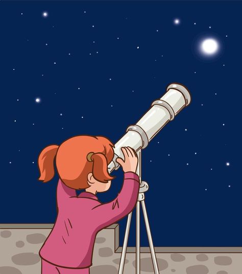 little cute girl looking through telescope at night cartoon vector illustration Person Looking Through Telescope Drawing, Telescope Tattoo, Telescope Illustration, Looking Through A Telescope, Telescope Drawing, Space Scientist, Night Cartoon, School Door Decorations, Collage Kunst