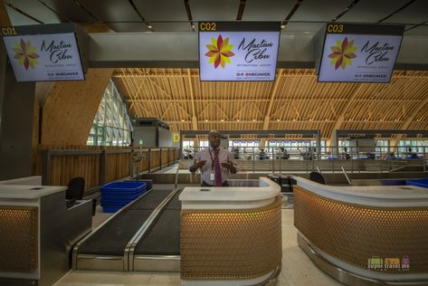 Check in counters at the new Mactan Cebu International Airport Airport Check In Counter Design, Airport Check In Counter, Check In Counter, Airport Interior, Filipino Design, Mactan Cebu, Mactan Cebu International Airport, Airport Check In, Heathrow Airport Terminal 5