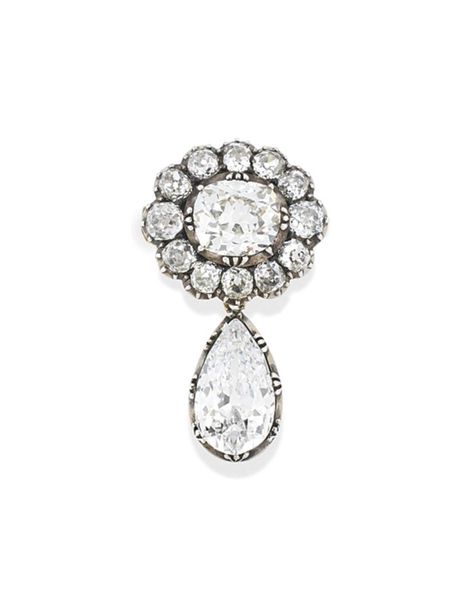 A LATE 19TH CENTURY DIAMOND BROOCH The principal cushion shaped old-cut diamond centre to a similarly-set diamond cluster border, suspending a pear shaped diamond drop weighing approximately 3.64 carats, mounted in silver and gold, pin fitting, circa 1880, 3.2cm, drop detachable Accompanied by report no.5171926066 dated 6th October 2016 from the GIA, Gemological Institute of America, stating that the 3.64 carat diamond is D colour, VS2 clarity, with no fluorescenc Photo Locket Necklace, Diamond Brooch, Pear Shaped Diamond, Diamond Drops, Vintage Jewels, Jewelry Online Shopping, Antique Jewellery, High Jewelry, The Picture