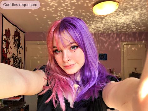 Split Dyed Hair Pink And Purple, Purple Split Dyed Hair, Half Pink Half Purple Hair, Pink And Purple Split Dye, Split Dye Ideas, Split Dye Pink, Pastel Pink And Purple Hair, Purple Split Dye, Pink Split Dye