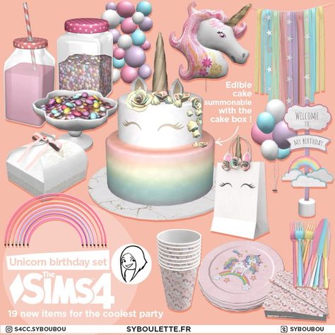 [DOWNLOAD] Unicorn birthday party set Sims Birthday Party Ideas, Sims 4 Cc Birthday Party Decor, Sims 4 Unicorn, The Sims 4 Bebes, Sims Decor, 4 Aesthetic, Sims Baby, Sims Clothes, Muebles Sims 4 Cc