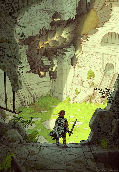 Shadow of the Colossus art by Matt Rockefeller Matt Rockefeller, Wall Shadow, Shadow Of The Colossus, Heroic Fantasy, Have Inspiration, Art Et Illustration, Arte Fantasy, 판타지 아트, Environment Concept Art