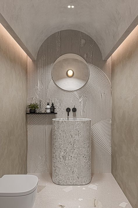 U Home Residence on Behance Circular Dining Room, Toilet Designs, Powder Room Design Ideas, Small Space Bathroom Design, Small Bathroom Remodel Designs, Mediterranean Interior Design, Tiles Designs, Small Toilet Room, Washroom Decor