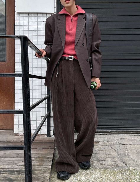 Fancy Clothes Men, Hot Male Outfits Aesthetic, Fancy Casual Outfits Men, Wide Corduroy Pants, Brown Pinstripe, Pinstripe Blazer, Brown Suits, Mens Outfit Inspiration, Streetwear Men Outfits