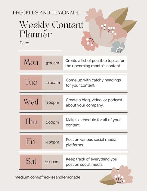 FRECKLES AND LEMONADE CONTENT CALENDAR Weekly Content Calendar, Weekly Content Planner, Content Calendar Template, Content Creating, Channel Ideas, Social Media Content Calendar, Blog Planning, Youtube Channel Ideas, Small Business Advice