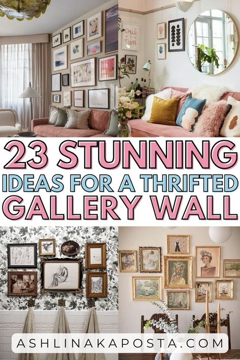 23 Absolutely Stunning Thrifted Gallery Wall Ideas You Will Want To Copy — ASHLINA KAPOSTA Gallery Wall With Mismatched Frames, Thrift Store Art Gallery Wall, Wall Collage Of Pictures, Gallery Wall Farmhouse Style, Vintage Boho Gallery Wall, Basement Gallery Wall, Wall Groupings Ideas, Fun Gallery Wall Ideas, Wallpaper Gallery Wall