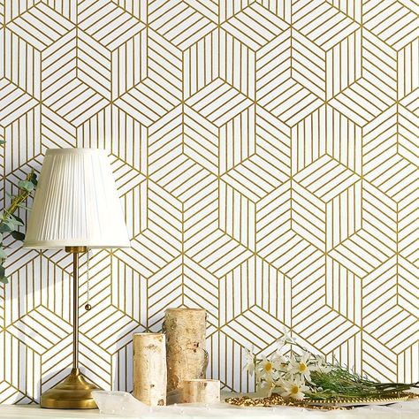 Faster shipping. Better service Gold Striped Wallpaper, Vinyl Contact Paper, Gold Geometric Wallpaper, White And Gold Wallpaper, Tapete Gold, Hexagon Wallpaper, Study Room Decor, Stick On Wallpaper, Hexagon Pattern