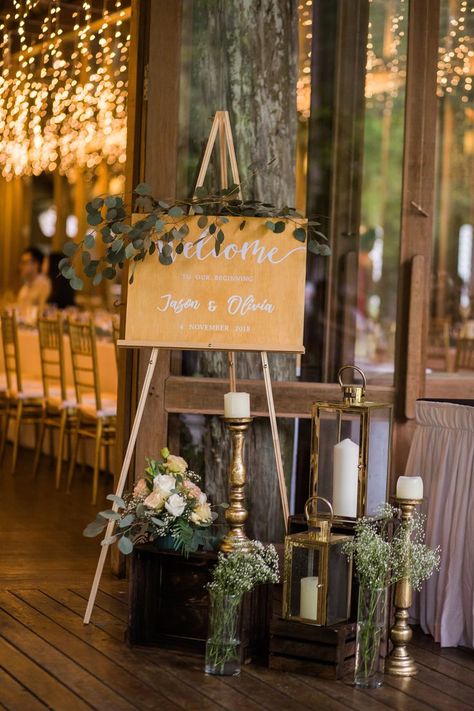 Wooden Welcome Board, Viking Table, Chiavari Chairs Wedding, Candle Pillars, Gold Chiavari Chairs, Welcome Board, Gold Lanterns, Dried Eucalyptus, Tealight Candles