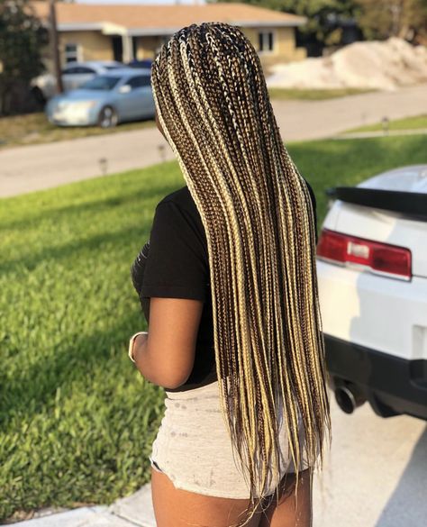 Multicolored Braids Black Women, Tri Color Braids, Chunky Highlights Braids, Blonde Balayage Braids, Box Braids Highlights, Colored Box Braids Inspiration, Blonde And Burgundy Box Braids, Mixed Blonde Box Braids, Medium Box Braids With Color