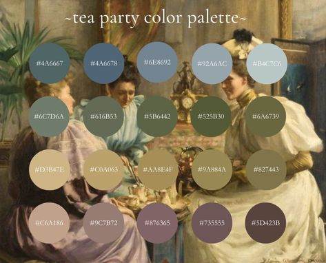 Tea Party Color Scheme, Victorian Aesthetic Color Palette, Royalcore Color Palette, Tea Party Colour Palette, Tea Party Color Palette, Bridgerton Palette, Party Color Palette, British Tea Party, British Tea