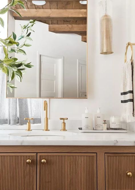 Wood cabinets, gold hardware and an over-sized mirror. Gold Hardware Bathroom, Handmade Chandelier, Primary Bathroom, Bathroom Remodel Designs, Wood Vanity, Be Real, Custom Cabinets, Wood Cabinets, Modern Technology