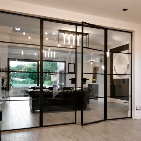 Internal Double French Doors - Steel and Glass
with partition frames in slimmest sight lines industrial style. Sophisticated, clean look and maximises light. Black Steel Doors, Crittal Doors, Steel French Doors, Glass Partition Wall, Partition Door, Steel Doors And Windows, Internal French Doors, Internal Glass Doors, Double Glass Doors