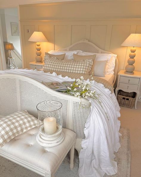 Alice | Classic interiors | Cosy nights in 🥂 . . . . #shutters #homeinspo #homeinterior #interiordesign #inspiringinteriors #livingroomdecor #livingroominspo… | Instagram Cream Cottage Bedroom, Bed Cushions Arrangement, French Country Cottage Bedroom, Queens Bedroom, Coastal Princess, Shutters Bedroom, Roman Curtain, Vintage Farmhouse Bedroom, Happy Saturday Everyone