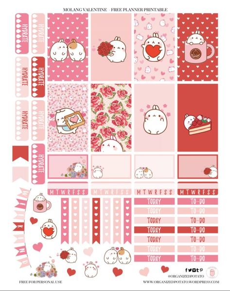 Free Printable Molang Valentine Planner Stickers by Organized Potato Journal Stickers Free Printable Cute, Free Kawaii Stickers, Red Journal Stickers, Heart Stickers Free Printable, Happy Planner Stickers Free, Free Printable Planner Stickers Kawaii, Stiker Macbook, Freebies Ideas, Cute Printables