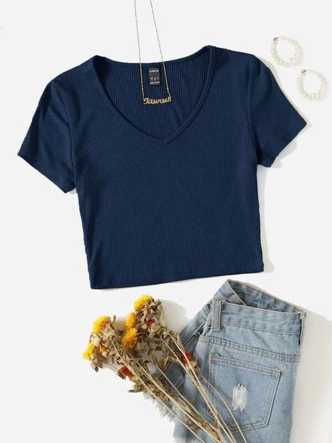 Dark Blue Shirt, Navy Blue Shirts, Simple Trendy Outfits, Women T Shirts, Really Cute Outfits, Knit Tees, Online Clothing Stores, Outfits Casuales, Latest Fashion Clothes