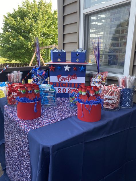 Red White Blue Graduation Party Ideas, Red White And Blue Graduation Decor, Red And Blue Graduation Party Decoration, Red Candy Table Ideas, Red White And Blue Graduation Party, Red And White Candy Table, Red And Blue Graduation Party, Blue Graduation Centerpieces, Red White And Blue Candy Bar