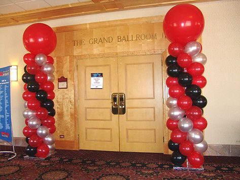 red and black graduation balloons | Balloon columns are a great addition to any trade show or business ... Balloon Arch Red Black White, Beam Decor, Steelers Wedding, Baseball Banquet, Heather Wedding, Balloon Pillars, Black And White Balloons, Football Banquet, Sports Banquet