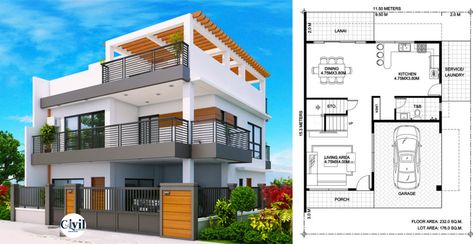 Deck Floor Plan, Cool Home Gym, Double Storey House Plans, Two Storey House Plans, Philippines House, 3 Storey House Design, 3 Storey House, Two Story House Design, Double Storey House