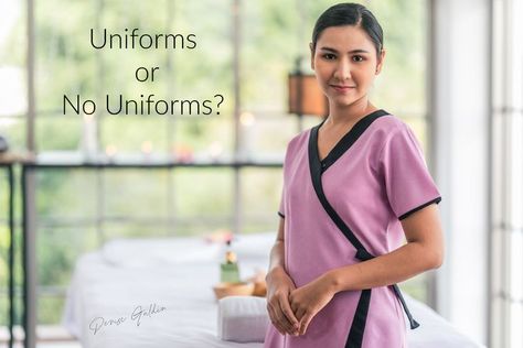 This question has been coming up on social media groups I belong to and recently was asked by a client that I coach. Should my team and I wear uniforms or not? Massage Therapist Uniform, Therapist Marketing, Massage Marketing, Spa Uniform, Massage Business, Spa Design, Spa Massage, Massage Therapist, Business Marketing