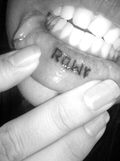 Rawr Tattoo, Inner Lip Tattoo Words, Inner Lip Tattoo Ideas, Lip Tats, Inside Lip Tattoos, Inner Lip Tattoo, Small Words Tattoo, Lip Tattoos, Word Tattoos