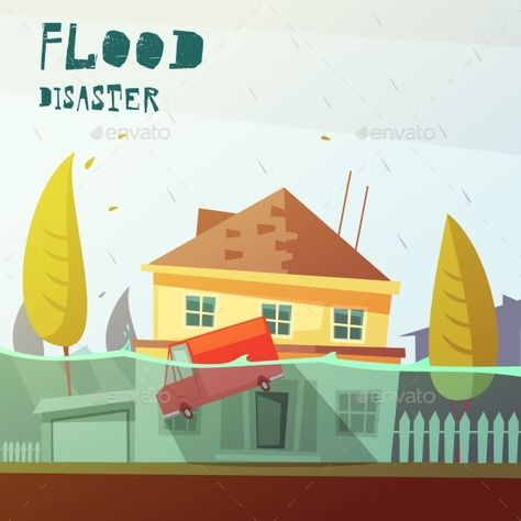 Disaster Drawing, Underwater Vehicle, House Vector Illustration, Flooded House, Color Cartoon, Natural Disaster, Adobe Illustrator Tutorials, House Vector, Wave Art