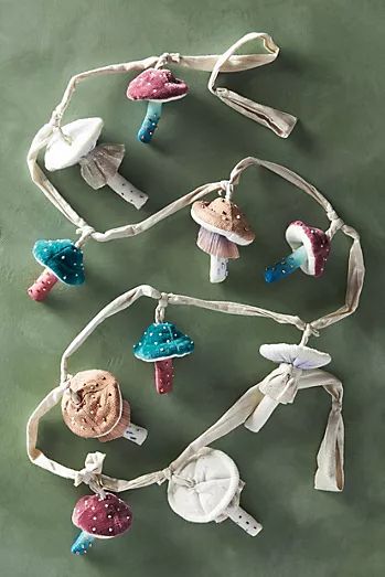 Mushroom Garland, Anthropologie Christmas, Acorn Decorations, Anthropologie Holiday, Mushroom Crafts, Anthropologie Uk, Holiday Garlands, Wool Balls, Christmas Garland