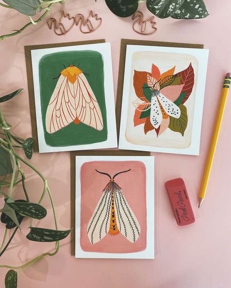 Emilie Jenks | Dream Folk on Instagram: "These cute little moth notecards are now in the shop! 🥰🦋🌿" Card Butterfly, Stationery Cute, Butterfly Card, Wood Slice Ornament, Insect Art, Notecard Set, Butterfly Cards, Card Illustration, Brown Kraft