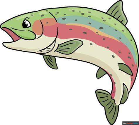 Rainbow Trout Drawing, Trout Drawing, Draw A Rainbow, Easy Fish Drawing, Trout Painting, Trout Art, Cartoon Sea Animals, Rainbow Trout Fishing, Trout Fish