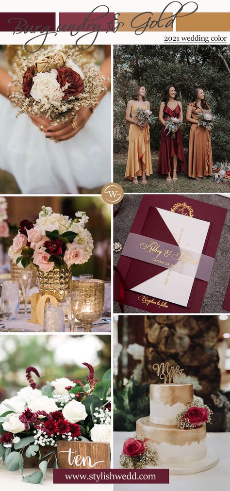 luxury burgundy and gold wedding color ideas Wedding Theme Ideas Red And Gold, Champagne And Wine Wedding Colors Receptions, Garnet And Gold Wedding Color Schemes, Red Velvet And Gold Wedding, Wedding Color Decorations, Gold And Wine Wedding Decor, Wedding Colors Burgundy And Gold, Marsala Wedding Theme, Crimson Red And Gold Wedding