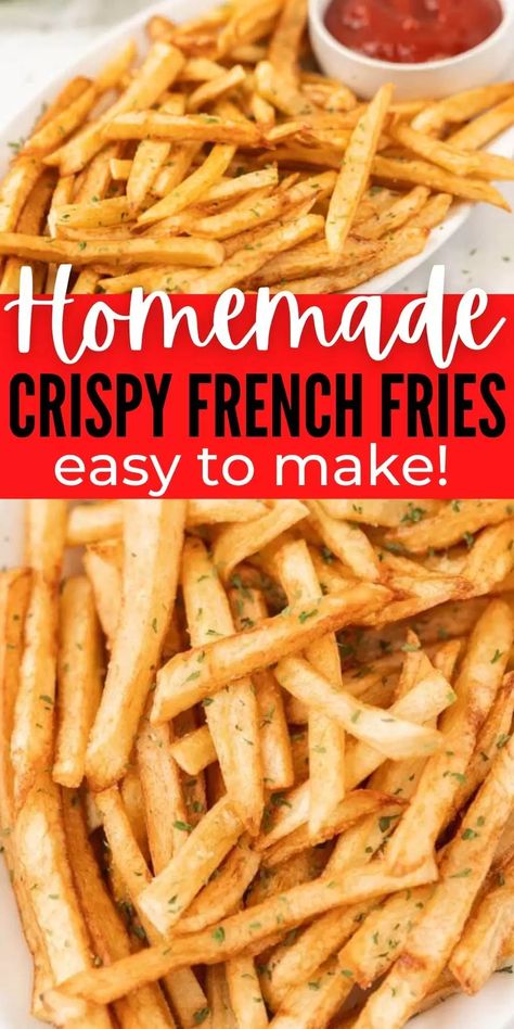 Easy Homemade Crispy French Fries is a quick, fresh recipe that are so easy to make with just a few ingredients. Homemade French fries are delicious and simple to make too! #eatingonadime #frenchfries #sidedishrecipes #friedrecipes Best French Fries Homemade Oven Baked, Homemade French Fries In Oil On Stove, Fried Chicken And French Fries, Penn Station Fries, Deep Fryer French Fries, Homemade Deep Fried French Fries, French Fries Fried In Oil, Frying French Fries In Oil, Homemade Fry Recipe