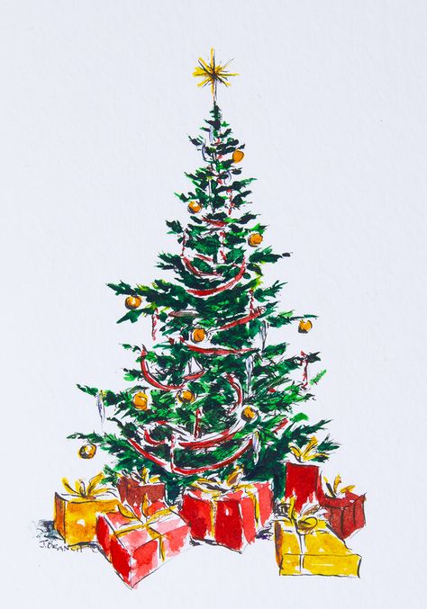 Christmas Tree Card Christmas Tree Drawing, Diy Christmas Tree Topper, Disney Christmas Tree, Christmas Tree Card, Christmas Tree Art, Christmas Card Art, Real Christmas Tree, Christmas Tree Painting, Watercolor Christmas Cards