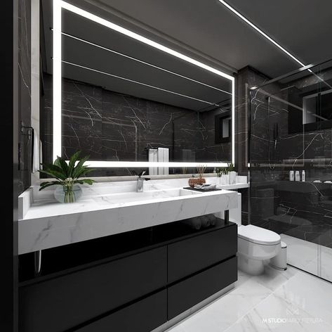 Black And White Bathroom Luxury, Fancy Bathroom Luxury, Rich Bathroom Luxury, Bathroom Interior Design Luxury Black, Modern Bathroom Design Black, Wallpaper Bathroom Ideas, Washroom Ideas, Washroom Tiles, Toilet Design Modern