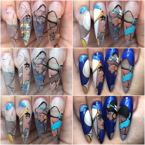 Valantain Nails, Disney Themed Nails, Jasmine Nails, Disneyland Nails, Character Nails, Aladdin And Jasmine, Nail Art Set, Nails Prom, Prom Ideas