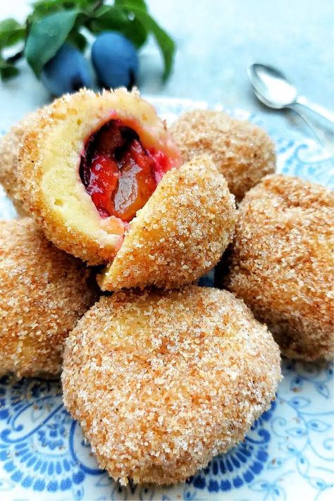 Romanian Plum Dumplings (Galuste cu Prune) - Chef's Pencil Bosnia Food, Plum Dumplings, Plum Juice, Romanian Recipes, Potato Dumplings, Romanian Food, Eggplant Recipes, Boiled Potatoes, The Arrival