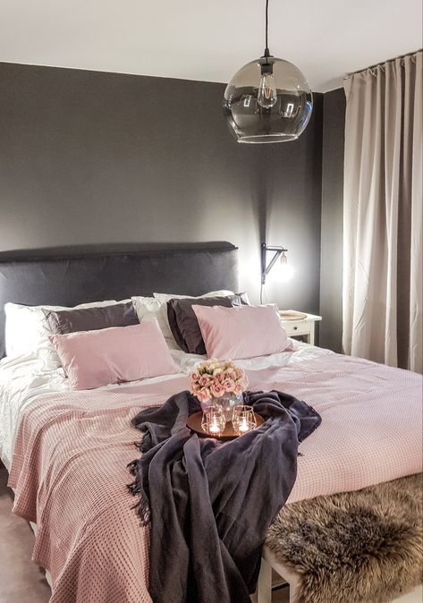 Dark Grey Pink Bedroom, Black Pink Gold Bedroom, Black Pink And Gold Bedroom, Dark Grey And Pink Bedroom, Blush And Grey Living Room, Black And Pink Bedroom, Black Bedroom Furniture Decor, Rh Bedroom, Light Pink Bedding