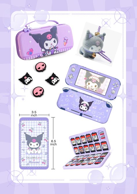 Purple kuromi accessories for your nintendo switch! 💜Kuromi keyring you can put on the case 💜Kuromi case 💜Kuromi portable bag 💜Kuromi silicone joycon protectors 💜Kuromi game storage 💜The link are AFFILIATED with amazom Kuromi Nintendo Switch, Kuromi Accessories, Pastel Goth Room, Purple Kuromi, Goth Room, Kitty Items, Game Storage, Portable Bag, Hello Kitty Items