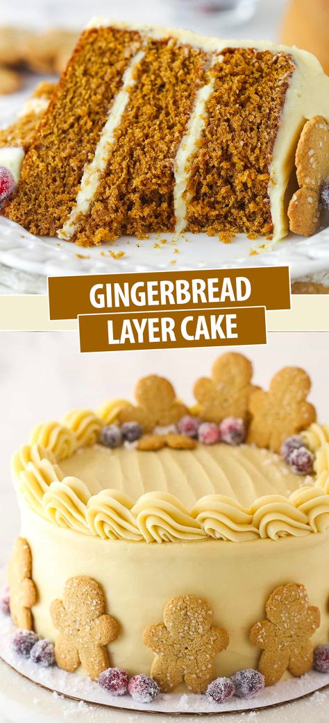 This Gingerbread Layer Cake is made with three tender, moist cake layers bursting with gingerbread flavor and is filled and frosted with a smooth molasses cream cheese frosting! It’s full warm, cozy spices and is sure to become a new holiday favorite! Best Christmas Cake Recipe Ever, Holiday Layer Cake, Gingerbread Layer Cake Recipe, Ginger Bread Bundt Cake Recipes, Gingerbread Cake With Molasses Frosting, Christmas Cake Flavors, Gingerbread Layer Cake, Easy Gingerbread Cake, Best Christmas Cake