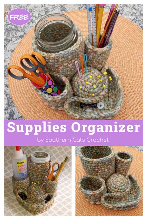 Supplies Organizer Free Crochet Pattern Crochet Organizers Free Pattern, Crochet Desk Organizer, Crochet Needle Holder, Crochet Container, Crochet Yarn Holder, Knitting Organization, Household Accessories, Crochet Pineapple, Hat Organizer