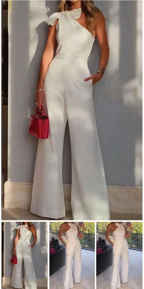 Casual Simplicity Solid Pocket Oblique Collar Regular Jumpsuits High Waist Jumpsuit, Korean Casual, White Jumpsuit, Leg Design, Type Of Pants, Pants Length, White Pants, Wide Leg Jumpsuit, High Waisted Pants