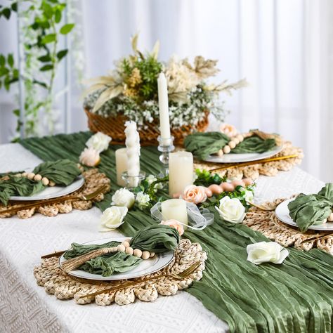 Sage Green Cheesecloth Table Runner, Boho Napkins, Round Woven Placemats, Bautizo Ideas, Cheesecloth Table Runner, Round Table Decor, Beaded Napkin Rings, Birthday Dinner Party, Woven Placemats