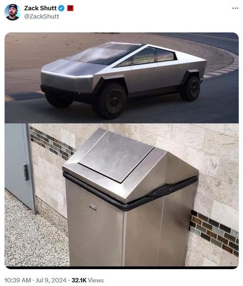 A Cybertruck Meme For Every Occasion (25 Funniest) Mustang Humor, Metal Trash Cans, Funny Car Memes, Car Memes, Snack Storage, Drifting Cars, Friday Humor, Human Design, Low Rider