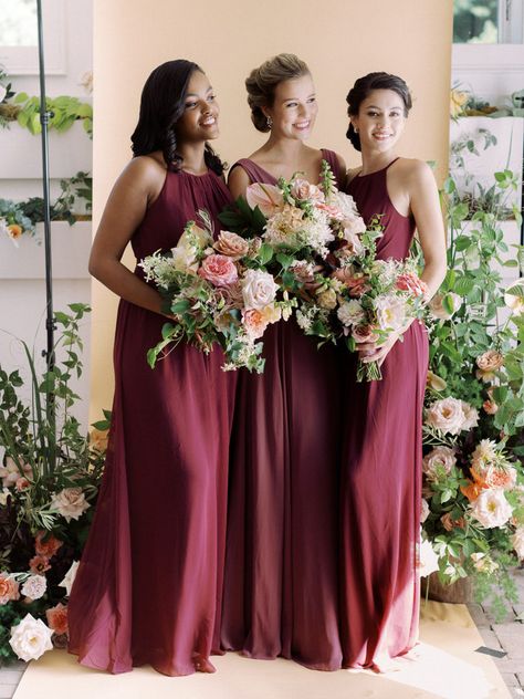 High Neck Bridesmaid Dresses, Bridesmaid Dress Colors, Wedding Dress Pictures, Bridesmaid Dress Sizes, Wedding Color Palette, Burgundy Wedding, Chiffon Bridesmaid Dress, Long Bridesmaid Dresses, Blush Wedding