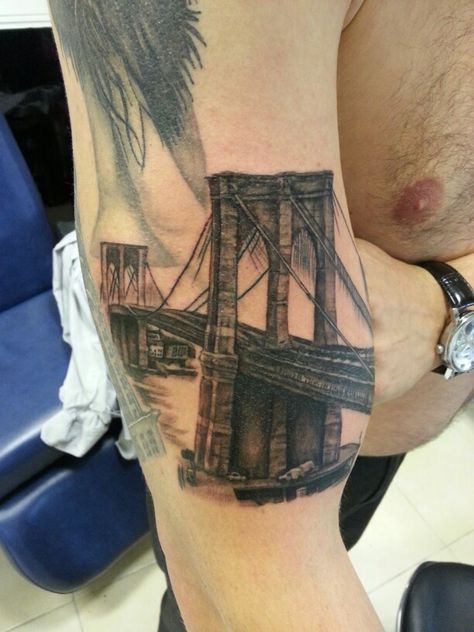 Brooklyn Bridge Tattoo By me.. Small Bridge Tattoo, Brooklyn Bridge Tattoo Design, Alter Bridge Tattoo, Fine Line Bridge Tattoo, Bridge Tattoo, Triangle Tattoo, I Tattoo, Tattoos