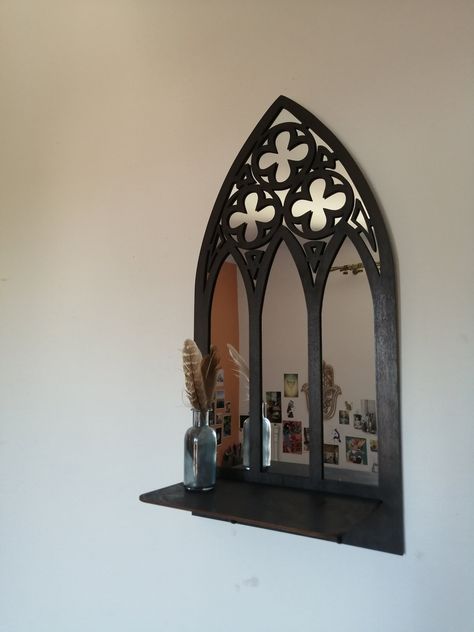 Gothic Candle holder,  Beautiful, magical shelf. Cathedral inspired Candle Holder, shelf for crystal, essential oils. SIZE 60 cm x 30 cm (23,6 x 11,8 inches) 15 cm deep (5,9 inches deep) Material: black painted plywood, plexi glass silver mirror Assembly: Ships flat assemble in less than a minute.  You can use any wood glue (not included), but it is not necessarily. The backing is wood and has a space in it, so you can hang it up. Please clean genly with a soft cloth and minimal pressure to avoi Goth Closet Decor, Gothic Wall Clock, Cathedral Home Decor, Gothic Hygge, Mirror Shelf Decor, Gothic Minimalist Decor, Cathedral Shelf, Rustic Gothic Home Decor, Whimsical Gothic Decor